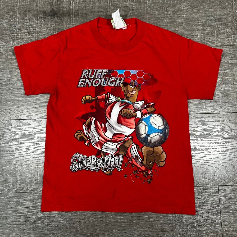 Vintage 2001 Scooby-Doo Ruff Enough Soccer‎ Red Graphic T-Shirt Kids Freeze